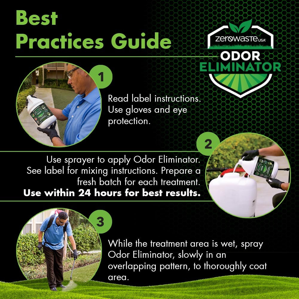Best Practices Guide: 1. Read Label, 2. Mix Concentrate with water, 3. Treat area with water then spray Odor Eliminator to desired area.