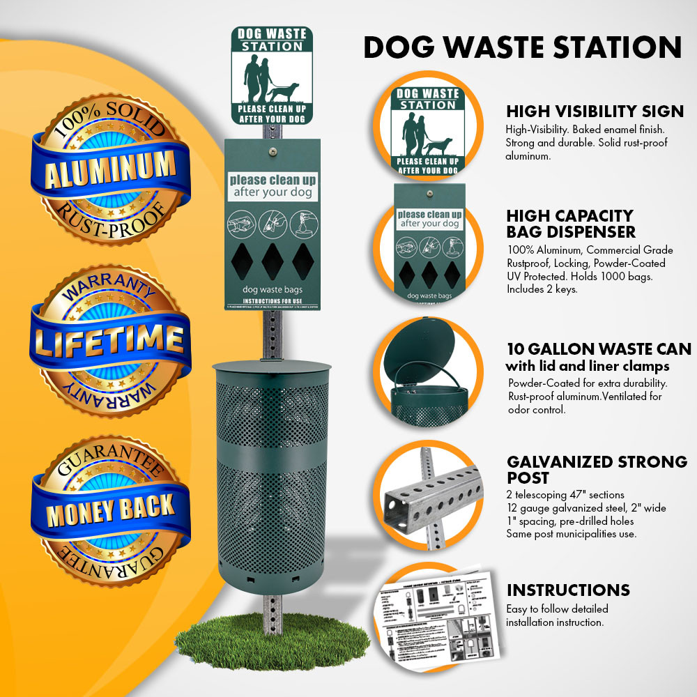 Our dog waste stations come with:  High visibility sign, High Capacity Bag Dispenser, 10-gallon waste can, galvanized strong post, Lifetime warranty, and money-back guarantee.