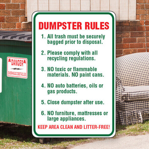 Dumpster Rules 12"x 18" Aluminum Sign Dumpster Rules 12"x 18" Aluminum Sign