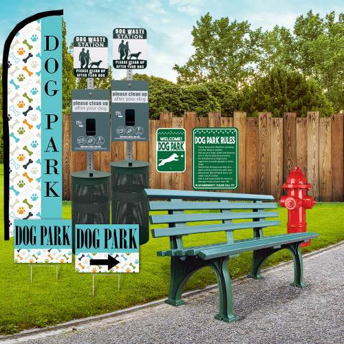 Dog Park Deluxe Bundle: Stations, Hydrant, Bench, Signs, Flag