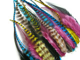 2 Dozen - Short Pixie Mix Grizzly Whiting Farm Rooster Saddle Hair Extension Feathers