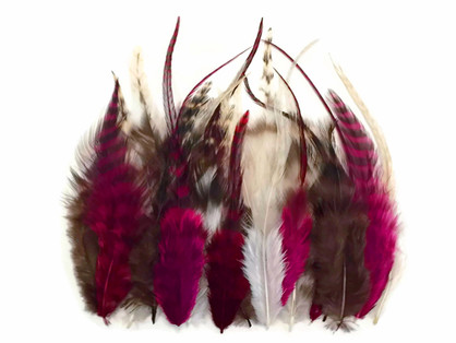 2 Dozen - Short Claret Mix Grizzly Rooster Hair Extension Feathers