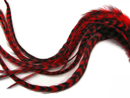 6 Pieces - XL Red Grizzly Thick Extra Long Rooster Hair Extension Feathers