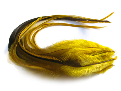 6 Pieces - Yellow Badger Thick Long Rooster Hair Extension Feathers