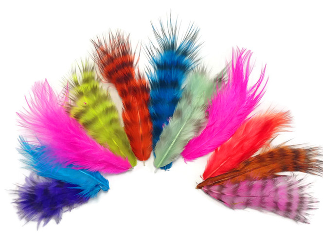 Colorful Mix Grizzly Rooster Chickabou Fluff Wholesale Feathers 0.20 Oz. (Bulk)