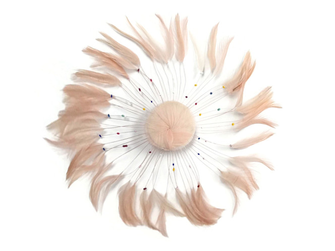 1 Piece - Champagne Whole Beaded Pinwheel Stripped Rooster Hackle Feather Plates