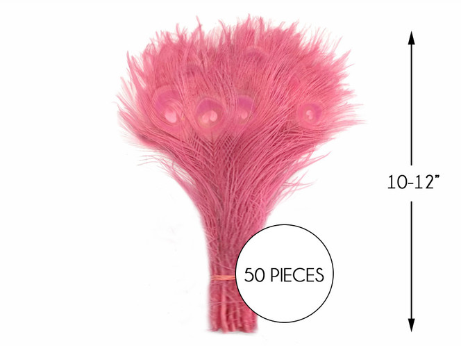50 Pieces – Sweet Pink Bleached & Dyed Peacock Tail Eye Wholesale Feathers (Bulk) 10-12” Long 