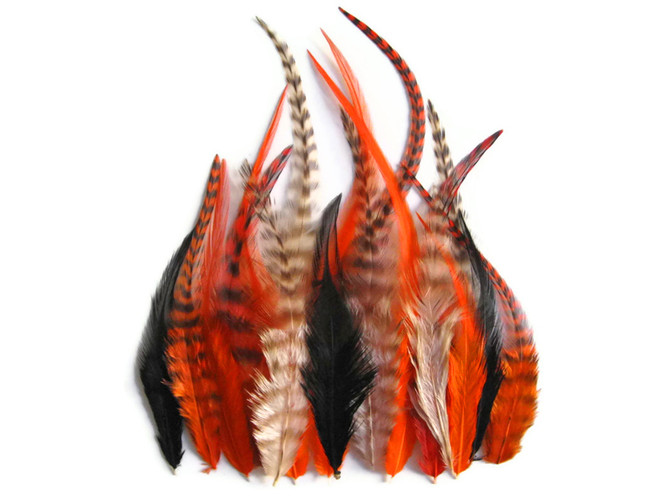 2 Dozen - Short Pumpkin Mix Grizzly Rooster Hair Extension Feathers