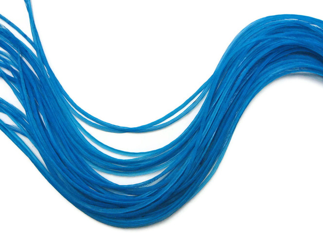 6 Pieces - Xl Solid Turquoise Blue Thin Rooster Hair Extension Feathers
