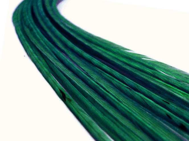 10 Pieces - Solid Peacock Green Thin Long Rooster Hair Extension Feathers