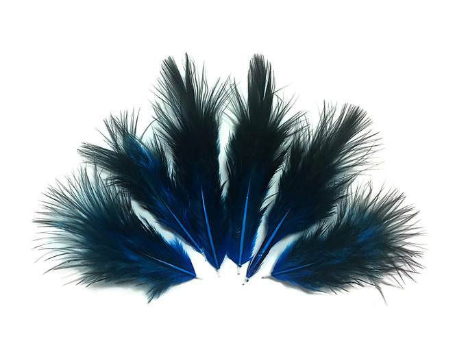 1 Dozen - Solid Turquoise Blue & Black Mini Rooster Chickabou Fluff Whiting Hair Feathers