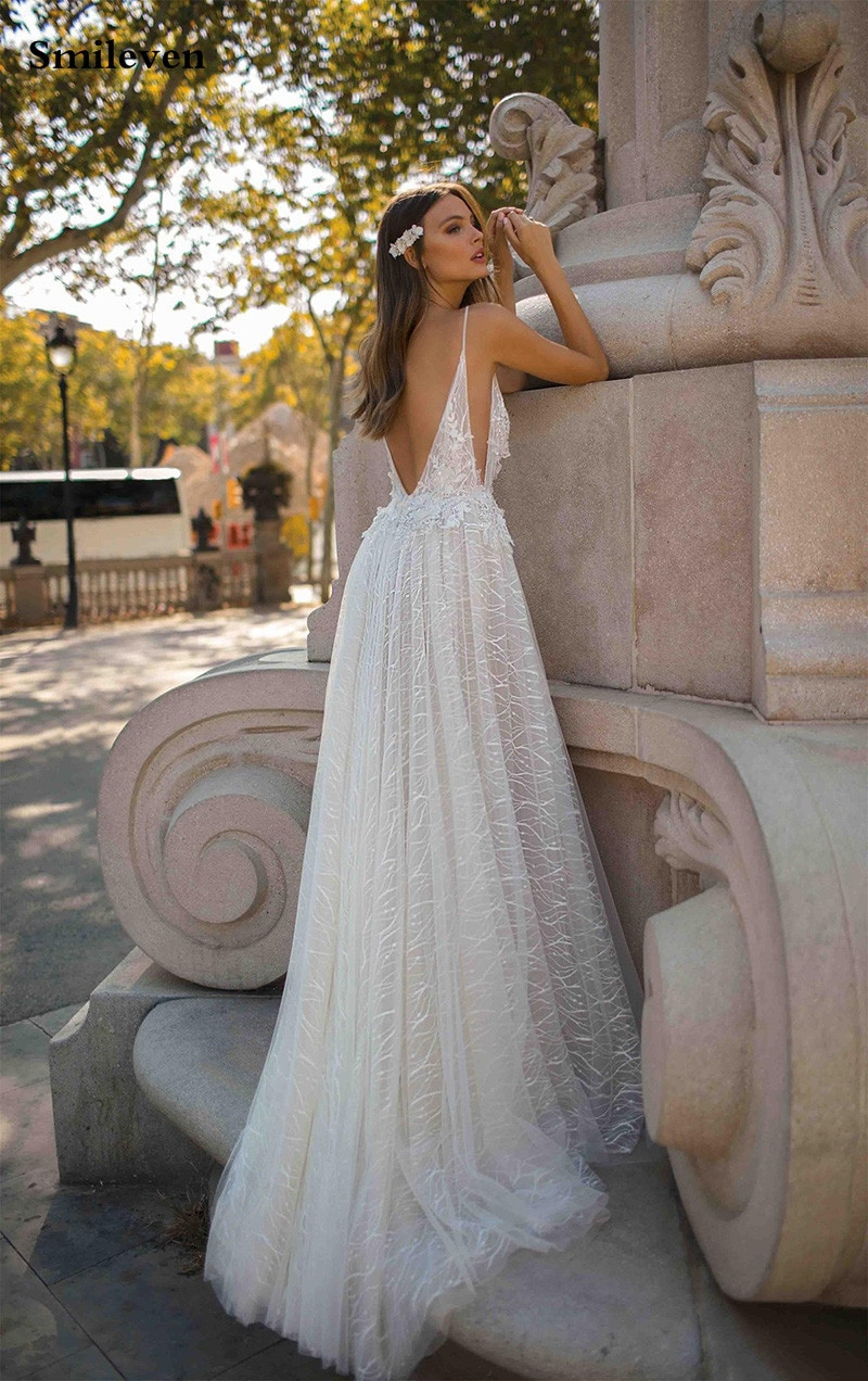 Smileven Wedding Dresses A-line 2019 sparkling Lace Spaghetti Straps Side  Split Beach Bride Dresses - Thras.io POC