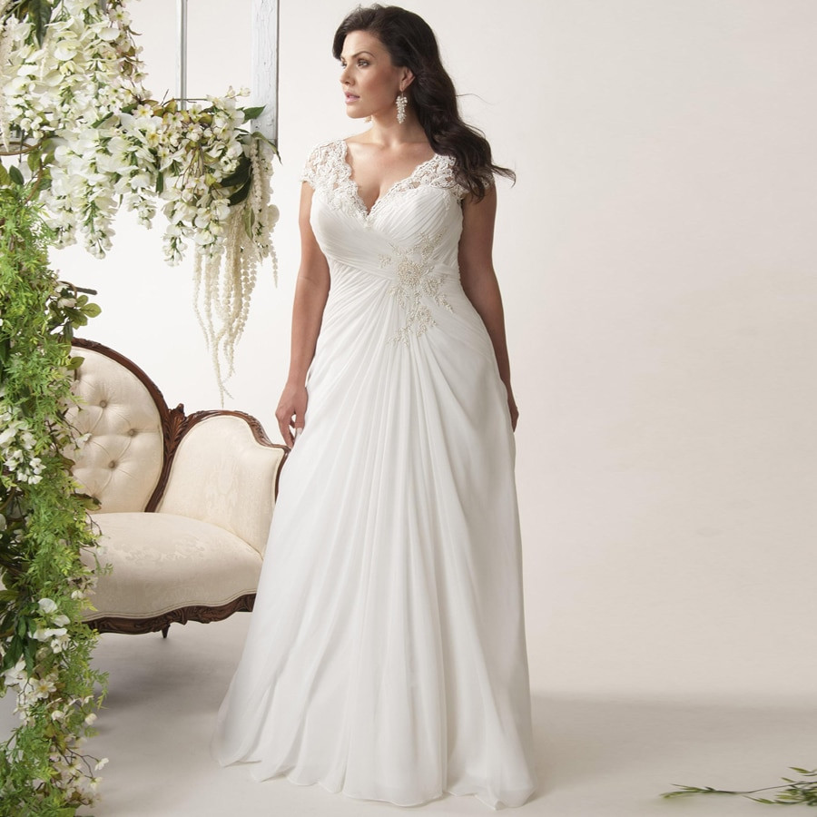 white christmas dresses Boho Wedding Dress Long Sleeve V Neck Lace Chiffon Bride Dress Plus 50cm / 2 / White