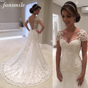 Fansmile Illusion Vestido De Noiva White Backless Lace Mermaid Wedding Dress 2019 Short Sleeve Wedding Gown Bride Dress Fansmile Illusion Vestido De Noiva White Backless Lace Mermaid Wedding Dress 2019 Short Sleeve Wedding Gown Bride Dress