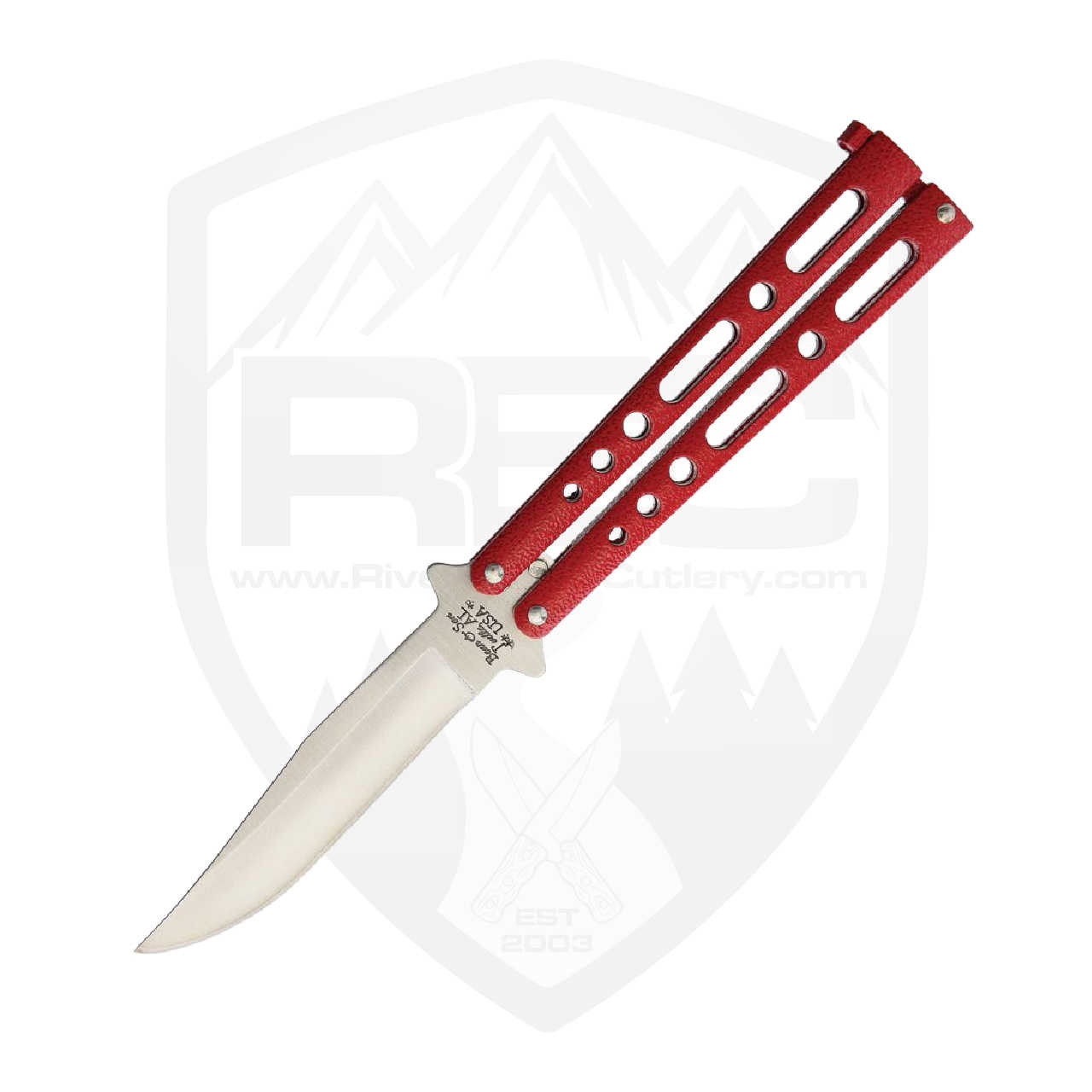 Bear & Son Butterfly knife, Red Handles / Satin 440 - 117R