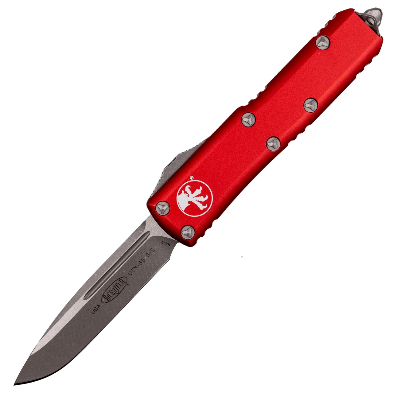 Microtech Ut85 Drop Microtech UTX-85 Drop Point, Red Aluminum / Apocalyptic Stonewash M390 ...