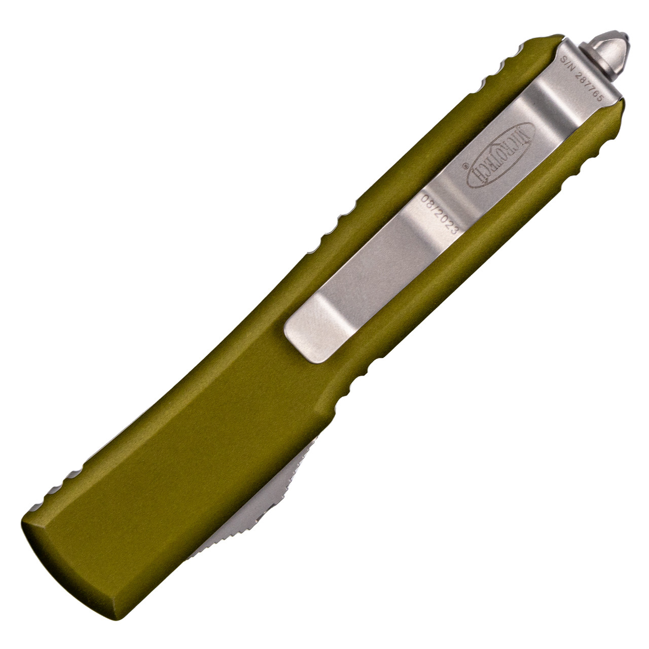 Microtech Ultratech Drop Point, OD Green Aluminum / Partially Serrated ...
