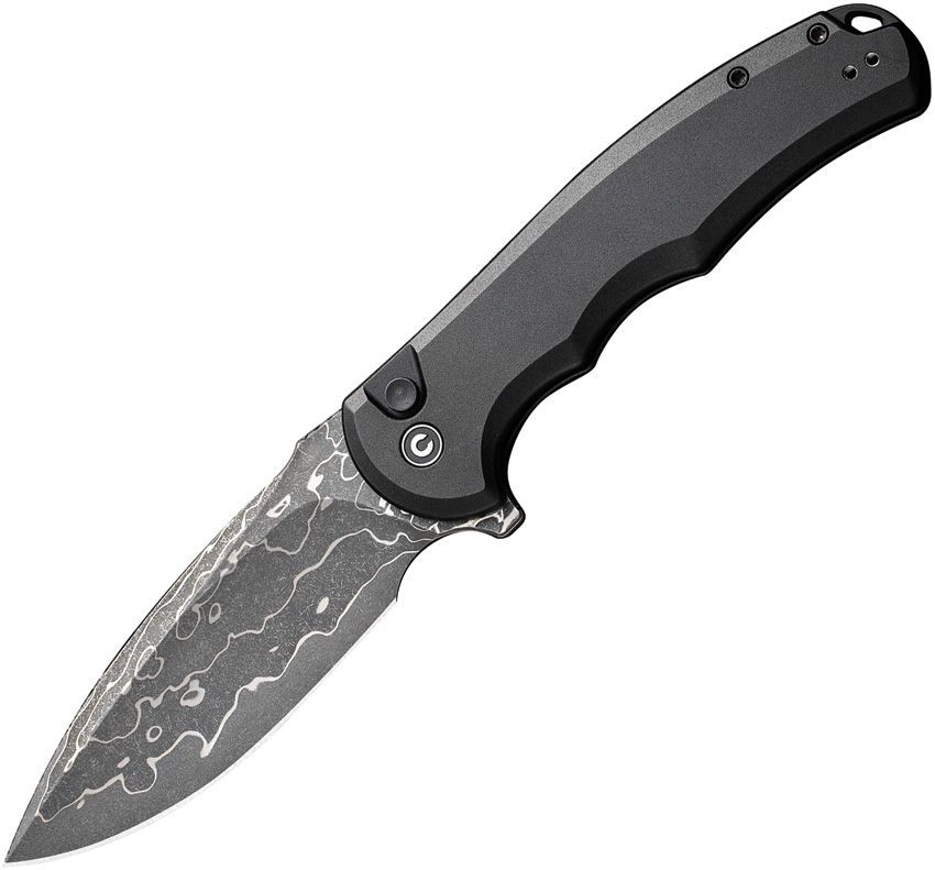Civivi Praxis Button Lock, Black Aluminum / Damascus - C18026E-DS1