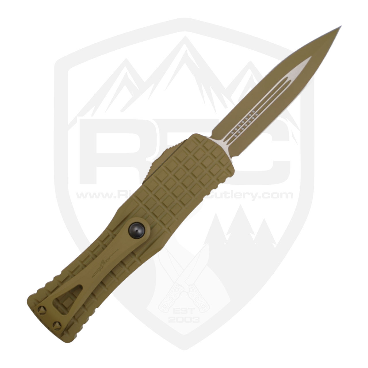 Microtech Hera Double Edge Frag Signature Series, Tan Aluminum