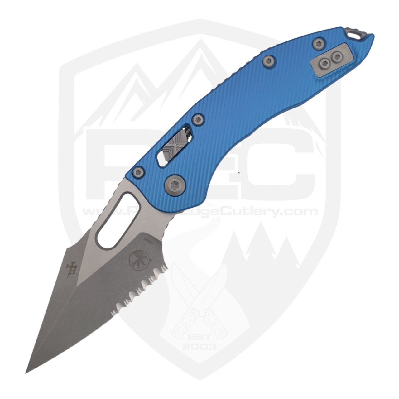 Microtech Stitch Ram-Lok Partial Serration, Blue Fluted Aluminum
