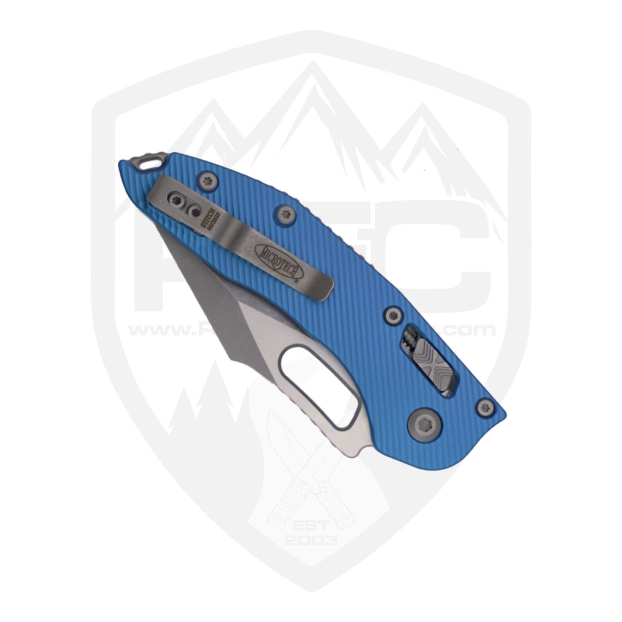 Microtech Stitch Ram-Lok Partial Serration, Blue Fluted Aluminum