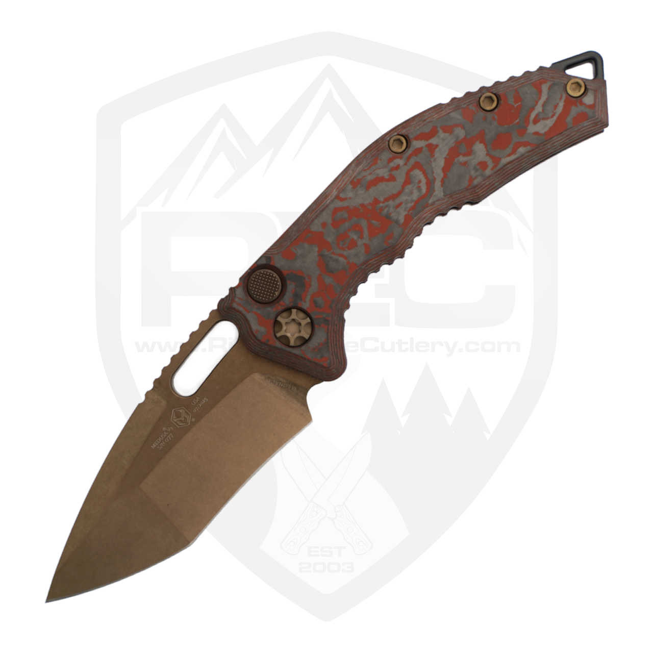 Heretic Knives Medusa Auto Recurve Blood Red Camo Carbon, Bronzed