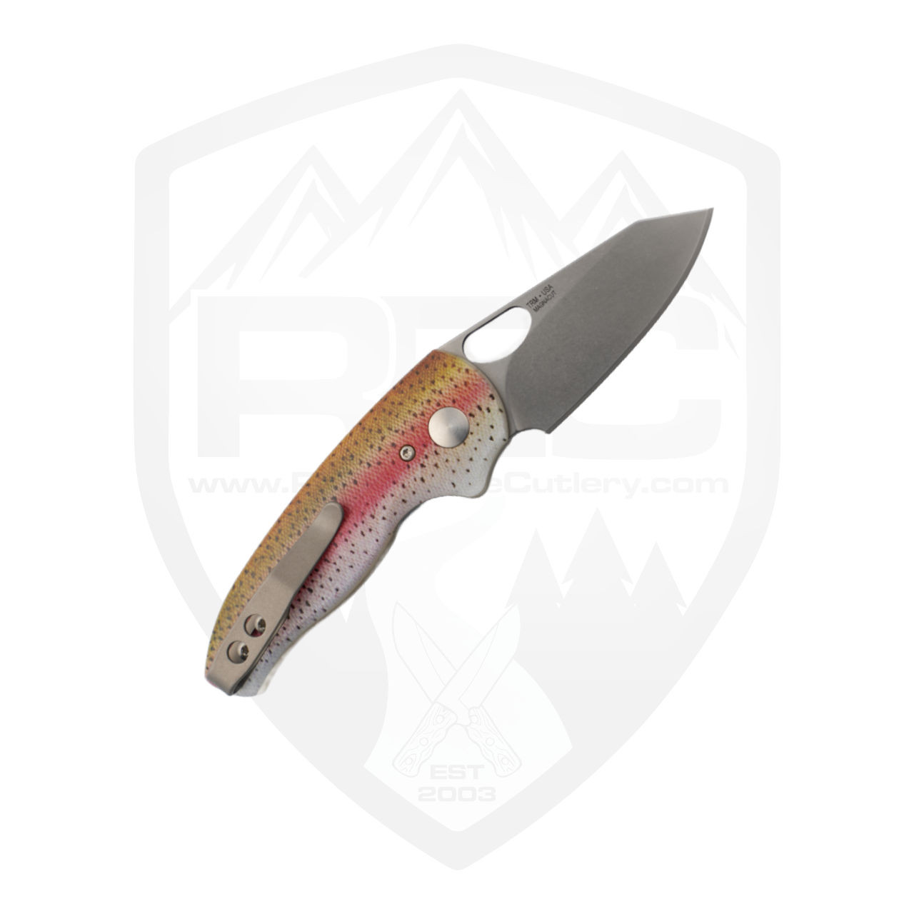 TRM Holier Nerd Linerlock, Rainbow Trout G10 3D, Stonewash Magnacut