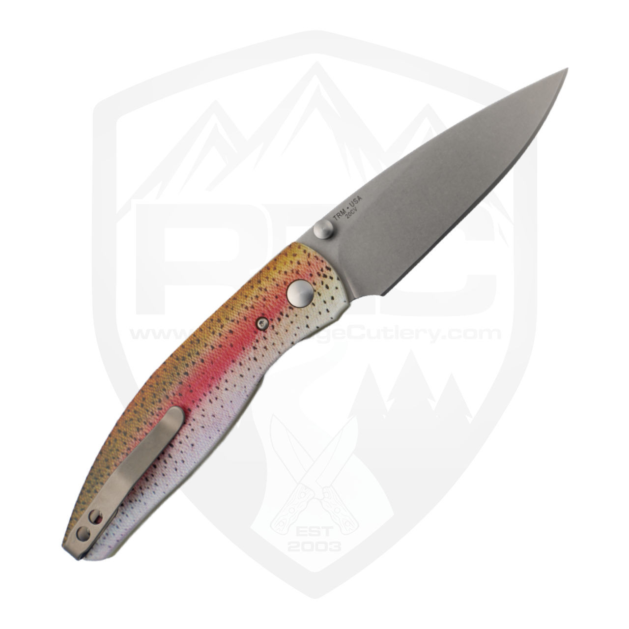 TRM Atom Linerlock, Rainbow Trout G10 Contoured, Stonewash 20CV