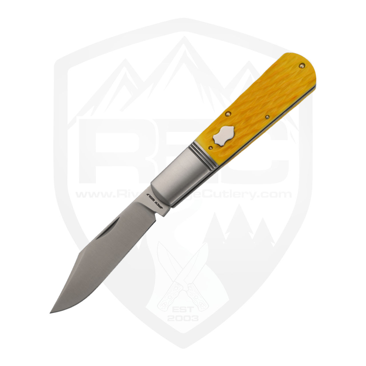 Jack Wolf Knives Gateway Barlow Yellow Jigged Bone, Satin 14C28N