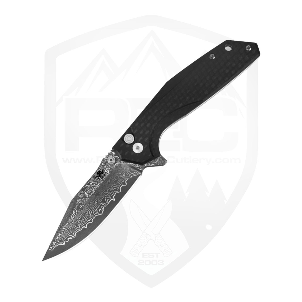 Klaken Noir Flipper Button Lock, Carbon Fiber, Damascus - J284-TX