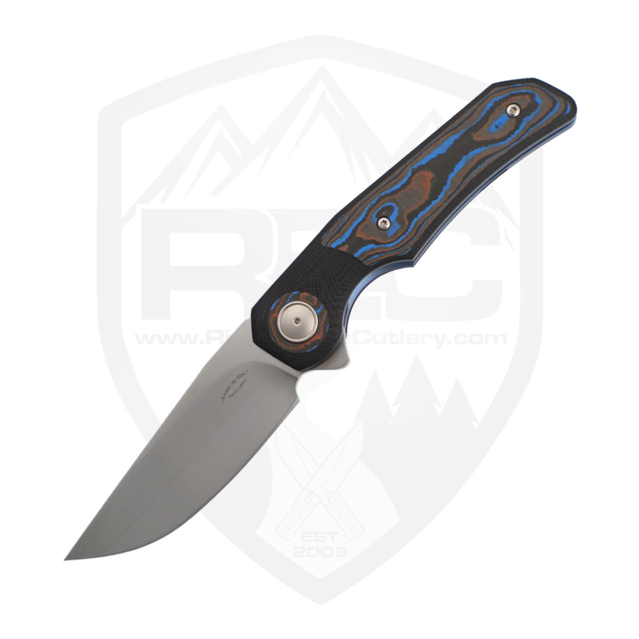 Johan vd Walt Custom JB6 Clip Point, Black G10 and Blue Copper