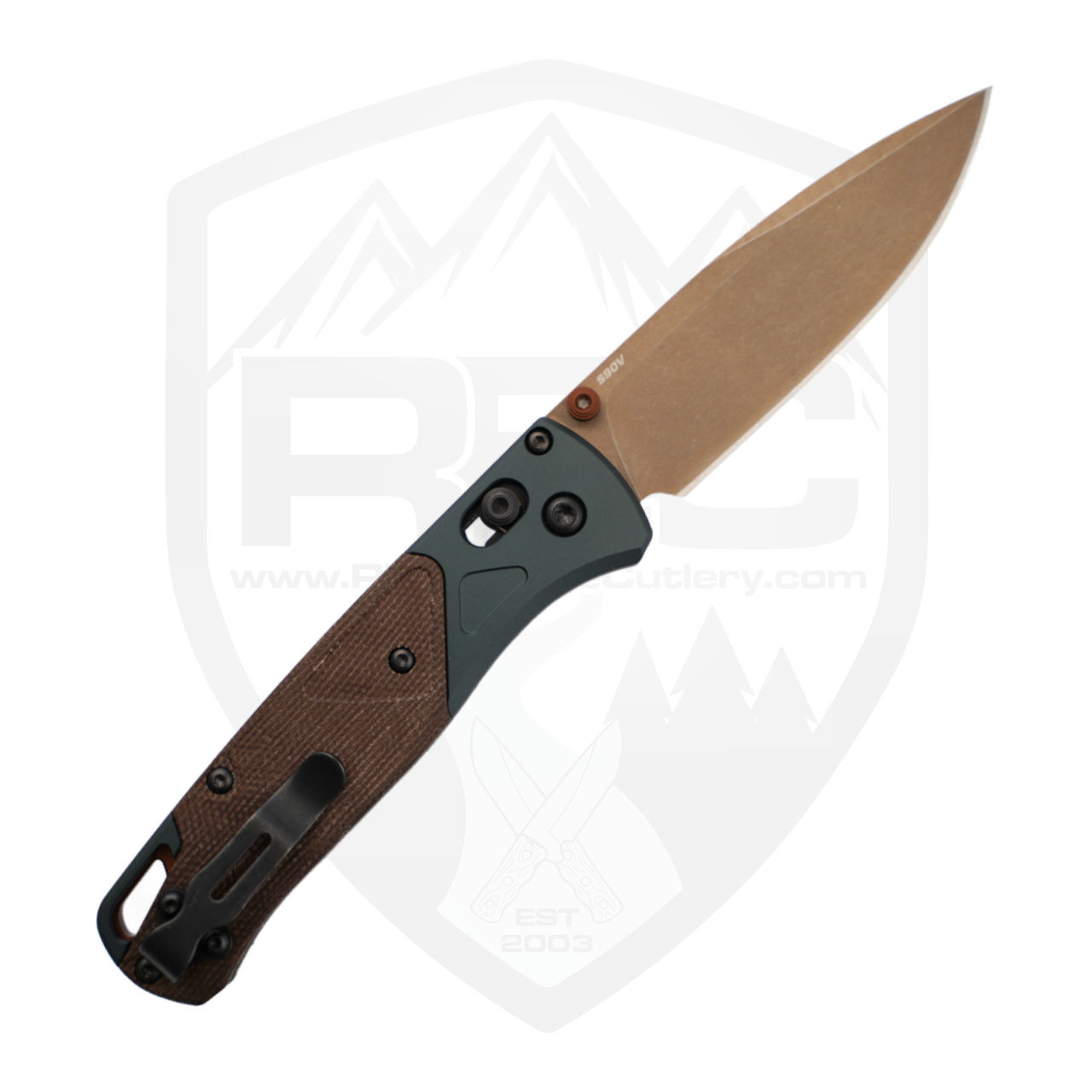 Benchmade Bugout, Taiga Green Aluminum, Brown Micarta Inlay, FDE