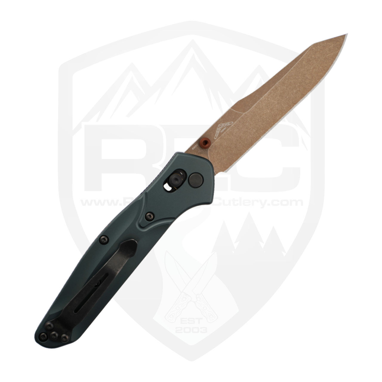 Benchmade Osborne, Taiga Green Aluminum, FDE PVD Battlewash S90V