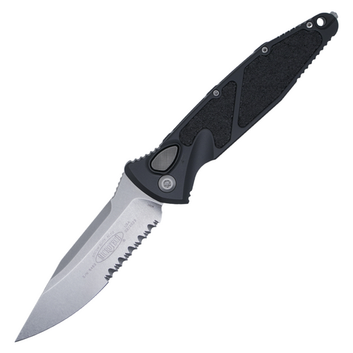 Microtech SOCOM Elite Auto Spearpoint, Black Aluminum / Stonewash Partially Serrated M390 - 160A-11