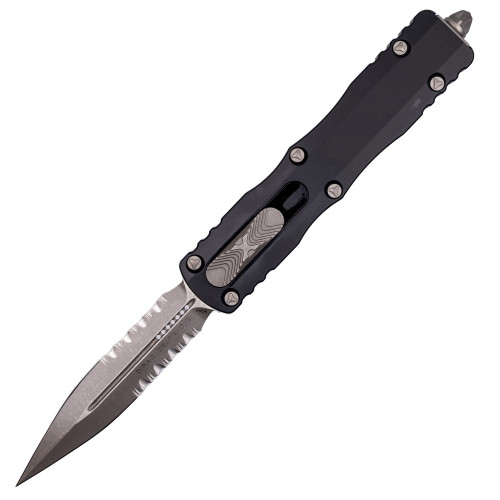 Microtech Dirac Delta Double Edge, Black Aluminum / Partially Serrated Apocolyptic Stonewash M390 - 227-11AP