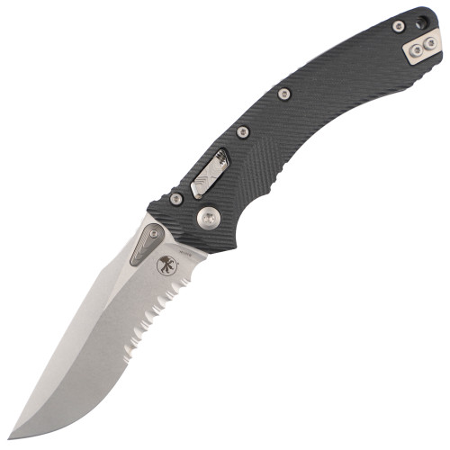 Microtech Amphibian Ram-Lok, Black Fluted G10 / Stonewash Combo Edge M390MK - 137RL-11FLGTBK