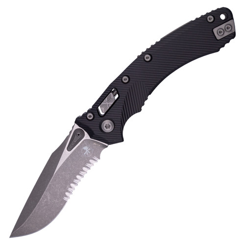 Microtech Amphibian Ram-Lok, Black Fluted Aluminum / Apocalyptic M390MK, Partially Serrated - 137RL-11APFL