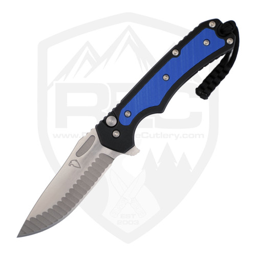 Freeman Outdoor Gear 451 Button Lock Flipper Black Flat Aluminum with Blue G10, Blast and Satin MagnaCut