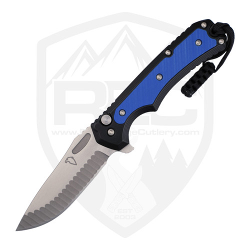 Freeman Outdoor Gear 451 Button Lock Flipper Black Stepped Aluminum with Blue G10, Blast and Satin MagnaCut