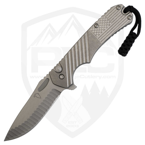 Freeman Outdoor Gear 451 Button Lock Flipper, Tumbled Titanium Scales with Flag Engraving, Satin MagnaCut
