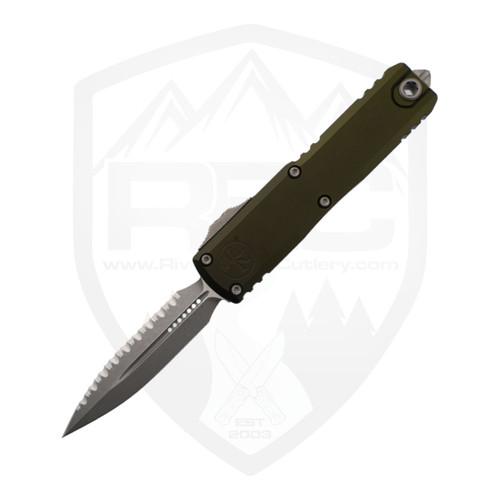 Microtech UTX-85 Gen IV Double Edge Fully Serrated OD Green Aluminum, Apocalyptic M390MK - 12324-12APOD