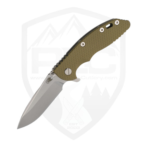 Hinderer Knives XM-18 3.25 Spear Point, Working Finish Titanium, OD Green G10, Stonewash S45VN