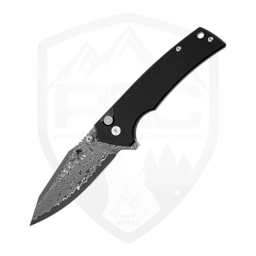 Klaken Riven Button Lock Flipper, Black G10, Damascus - J313-BK