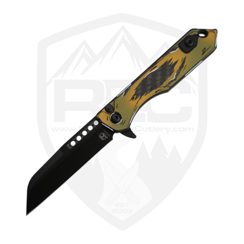 Heretic Knives Jinn Button Lock Manual Blade Show 2026, Gold & Green Cel Shade Carbon Breach, Magnacut