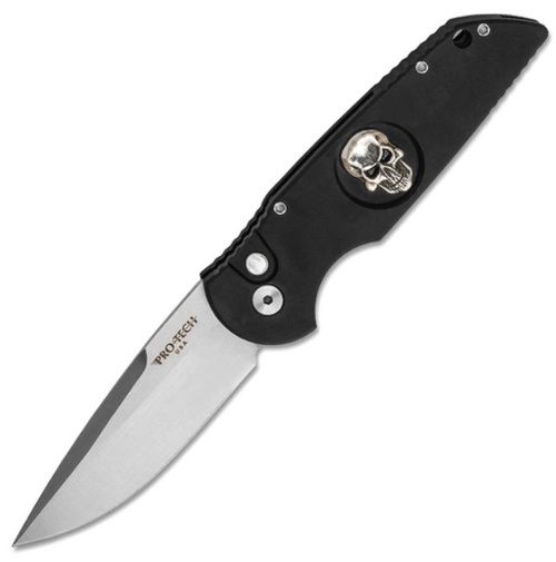 Pro-Tech TR3 - Black Handle w/ 925 Silver Skull Inlay - Satin Blade - TR-3.71