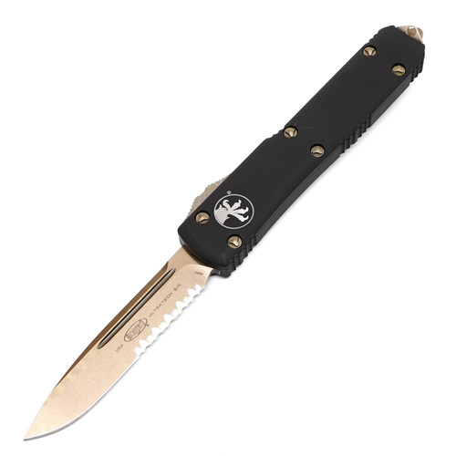 Microtech Ultratech Drop Point, Black Aluminum / Bronze Stonewash M390, Partially Serrated - 121-14