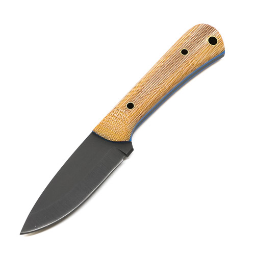 Joey Roman Knives,  Neckr Etched/Natural Canvas Micarta w/ black G10 liners / brass hollow pins