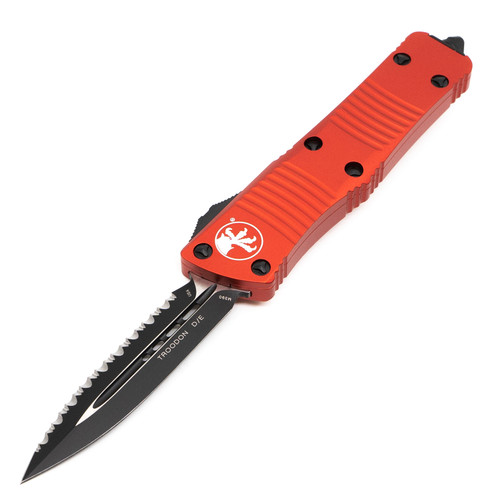 Microtech Troodon Double Edge, Red Aluminum / Black M390, Fully Serrated - 138-3RD