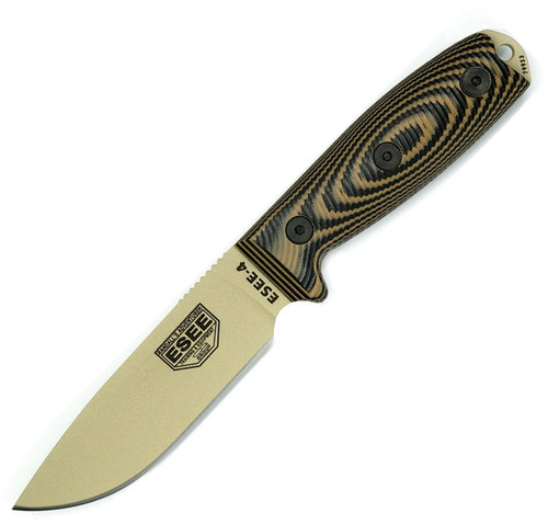 ESEE-4PDT-005 Desert Tan Plain Edge, 3D Machined Coyote Brown/Black G10 Handles, Black Sheath