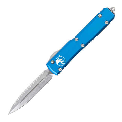 Microtech Ultratech Double Edge, Blue Aluminum / Stonewash M390, Fully Serrated - 122-12BL